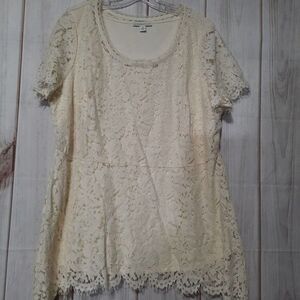 Ladies 1x Isaac Mizrahi Live! Ivory Lace Tunic Top‎ Short Sleeve Blouse Size 1X